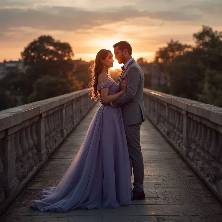 A romantic couple in beautiful formal outfits on a bridge | Couple Romantic Prompt