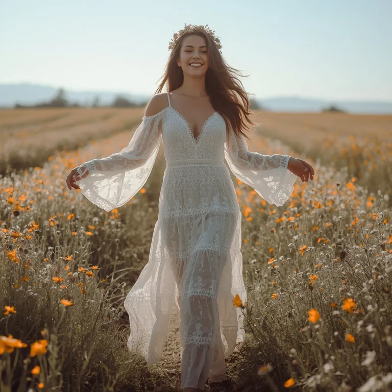 Bohemian Romance: Woman in a Tiered Lace Maxi Dress | prompt chatgpt
