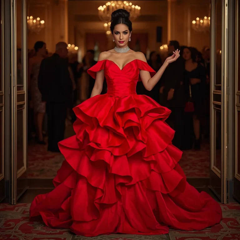 Bold Red Ruffled Gown Making a Grand Entrance at a Charity Ball | Prompt for traditional look on Instagram