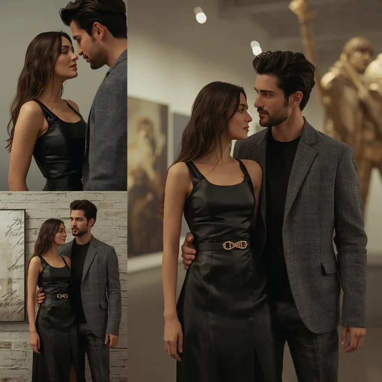 Cinematic Couture Collage of Couple in Modern Art Gallery Interior | Cinematic Couple Prompt
