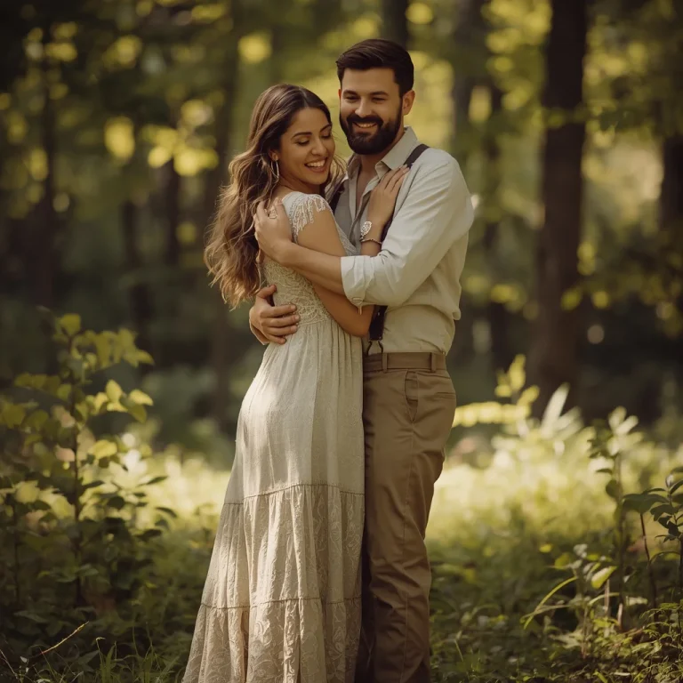 Couple in Coordinated Boho Attire, Forest Embrace | Prompt seen married couple
