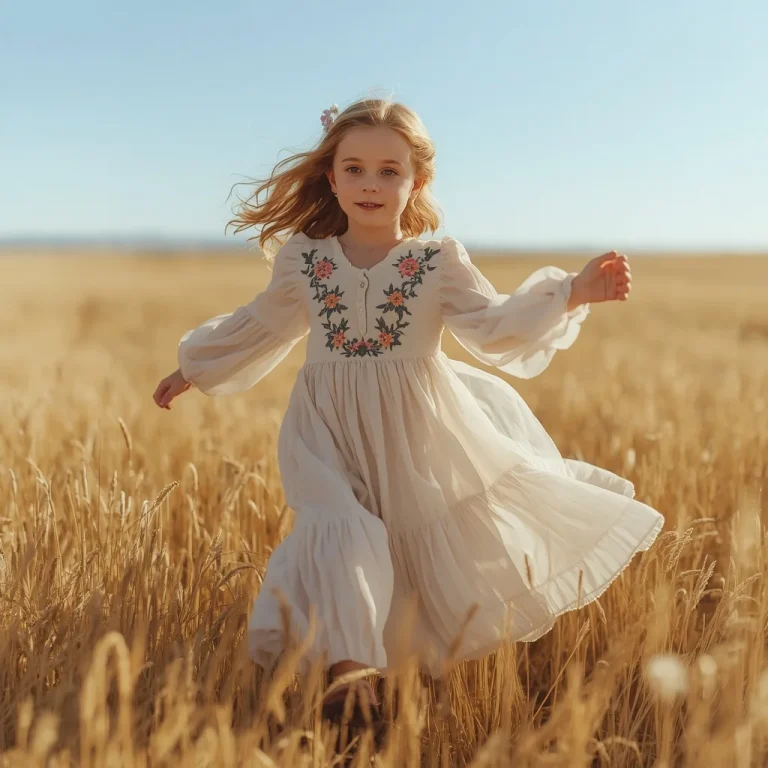 Cute Girl in a Flowing Bohemian Western Dress, Field Pose | Cute Young Girl