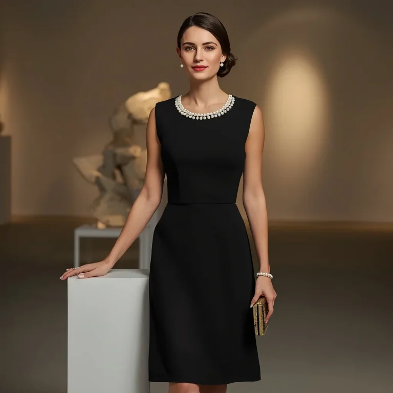 Elegant Black Cocktail Dress with Pearl Embellishments at a Gallery Opening | ChatGPT photo editing prompts trending Instagram for girl