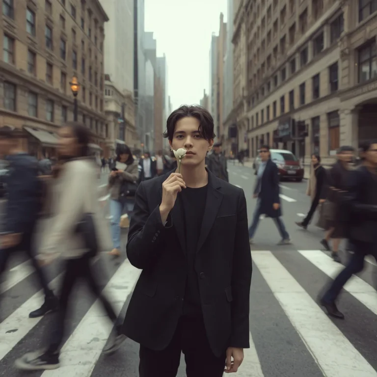 Pensive Moment in City Crosswalk with a Western Blazer and Flower | Prompt Seen