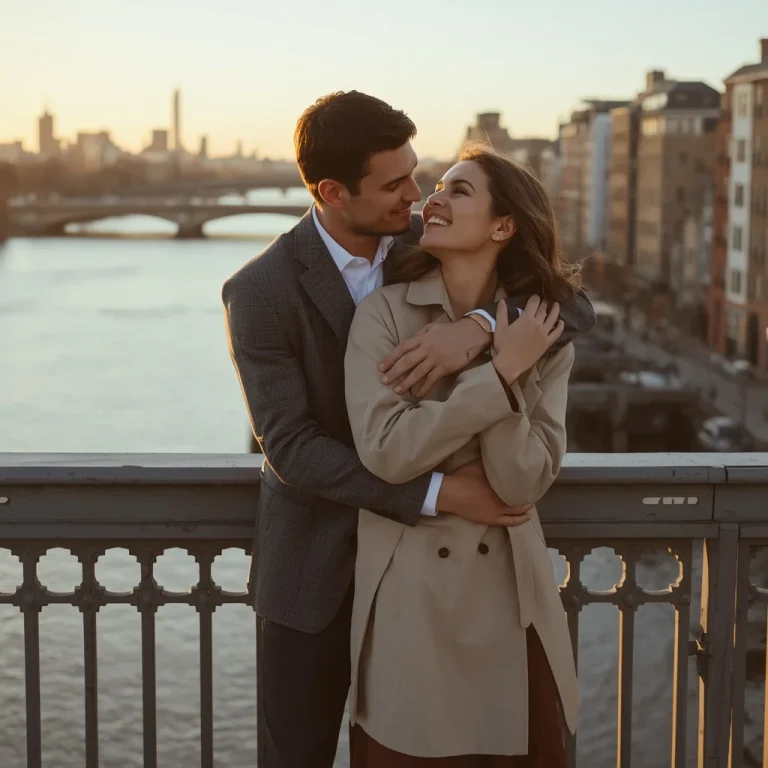 Romantic Couple in City During Golden Hour Embrace | Prompt seen married couple