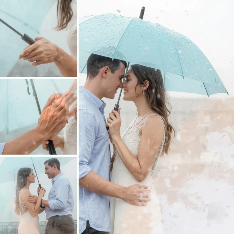 Romantic Couple Under Pastel Umbrella In Soft Watercolor Rain | Romantic Collage Couple